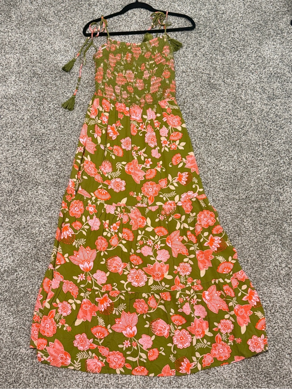 Patrons of Peace -Green Floral Smocked Waist Maxi Dress - Olive with Pink Flower